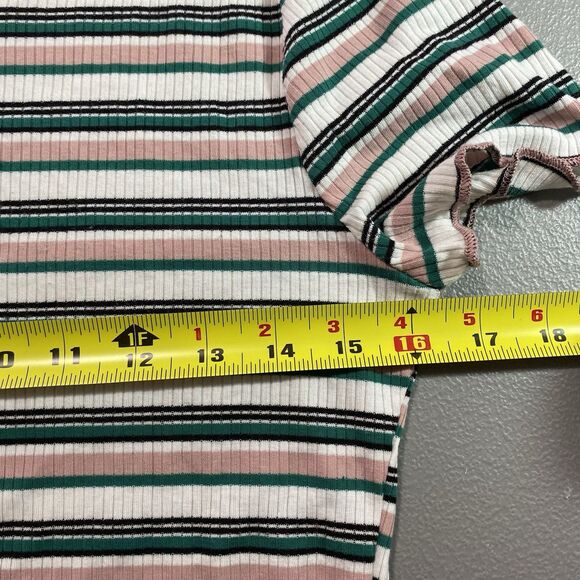 AMBIANCE Cropped Top Striped Ribbed Round Neck Lettuce Edge Short Sleeve L Boho - Picture 5 of 8